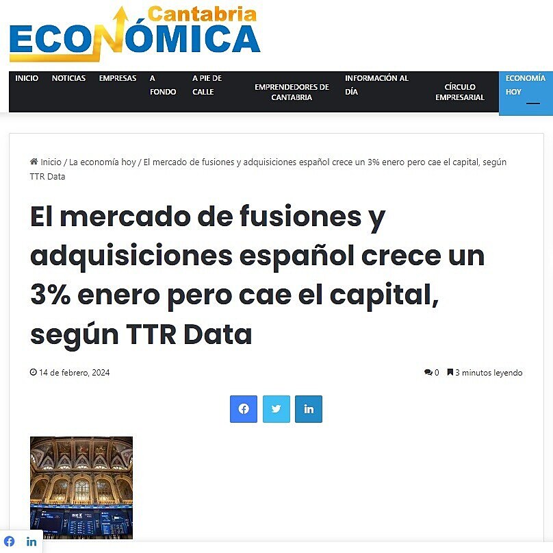 El mercado de fusiones y adquisiciones espaol crece un 3% enero pero cae el capital, segn TTR Data